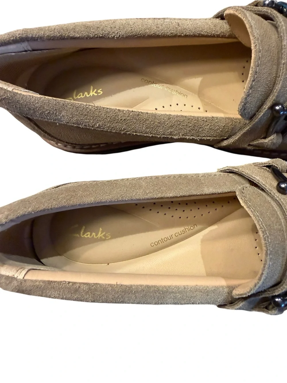 Clark’s Taupe Suede Women's Size 6 Lug Sole Loafers with Metal Bit